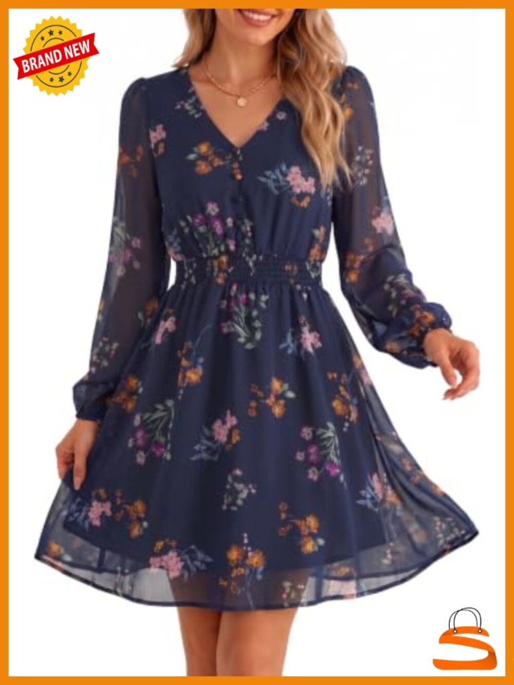 Women's Floral Mini Dress Long Sleeve V Neck Chiffon Button Front A-Line
